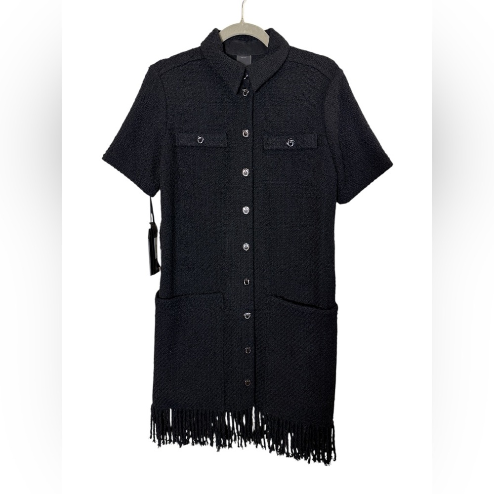 Pinko Women’s Dawson Abito Black Tweed Fringe Boucle Dress sz 6 **FLAW**